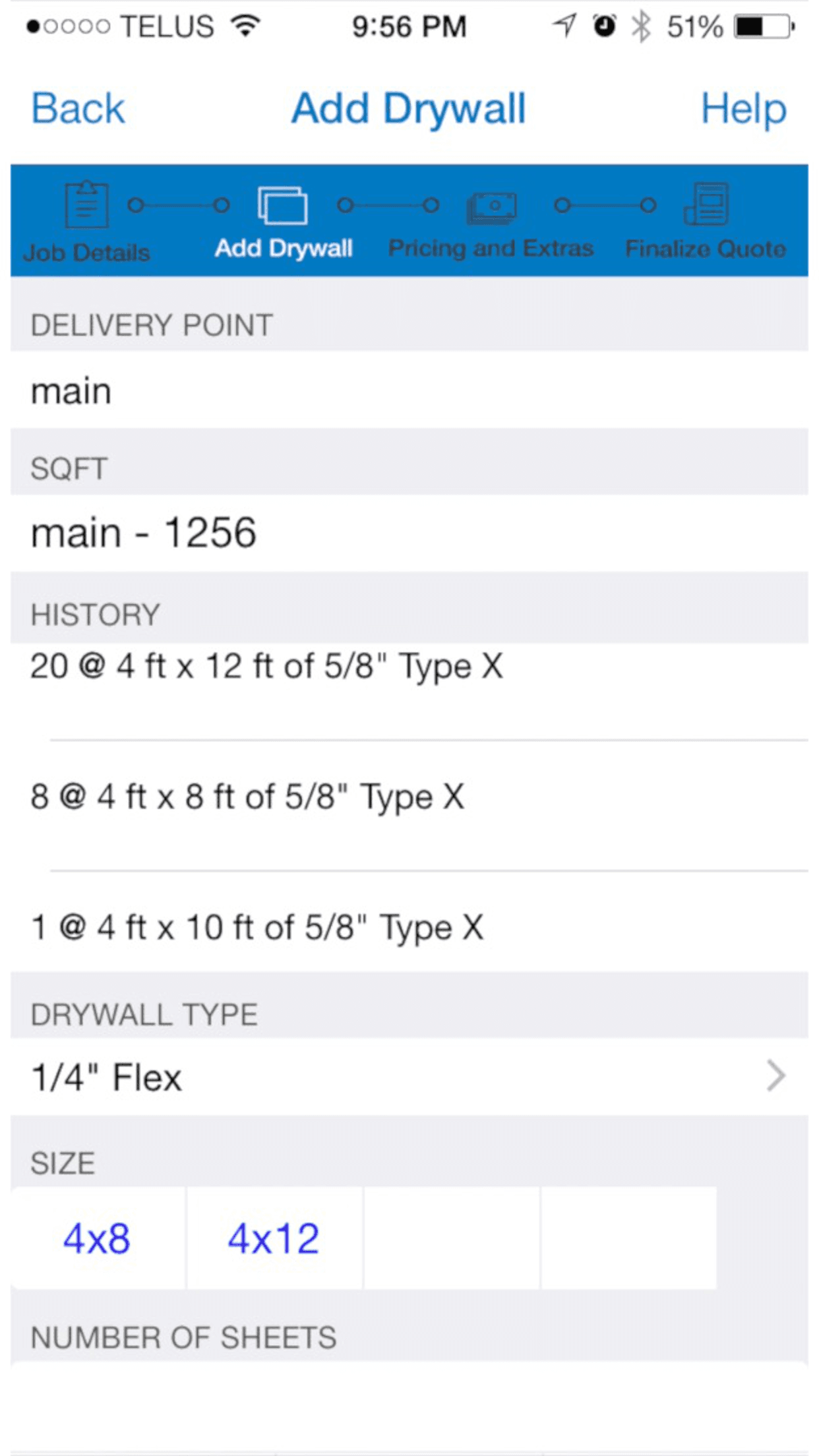 Drywall Contractor material list screen